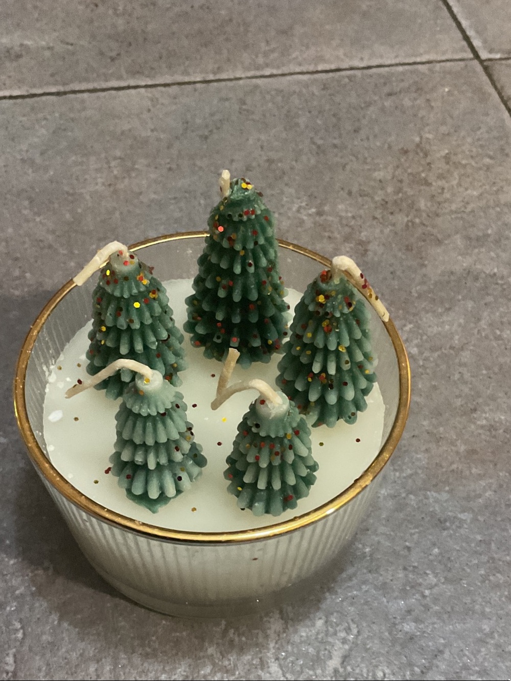 Set of 5 Miniature Christmas Tree Candles - Green with Gold & Red Glitter